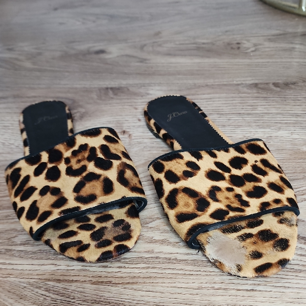 J. Crew Calf Hair Cheetah Print Slides Tan Brown Open Toe Flats Sandals